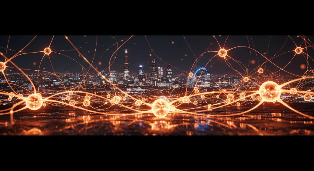 Abstract neural network nodes glowing over London skyline at night