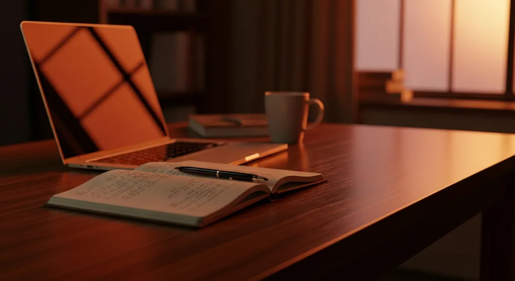 Bristol writer at a dark wooden desk with notebook and laptop