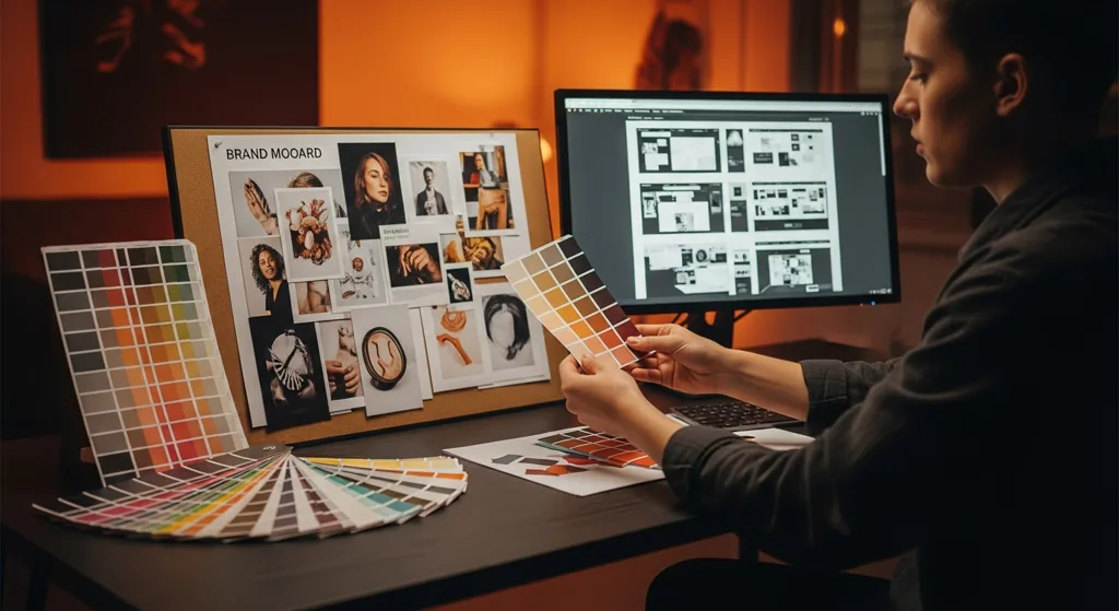 Bristol designer comparing colour swatches and brand mood board with website wireframe