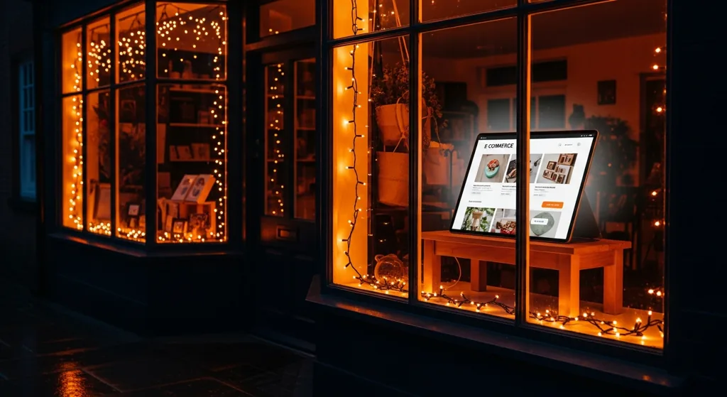 Cosy UK shopfront with subtle Christmas lights and tablet showing ecommerce concept