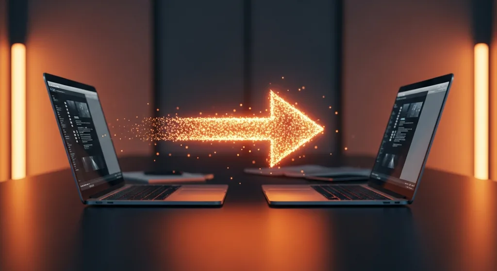 Two laptops with arrow between them symbolising data migration