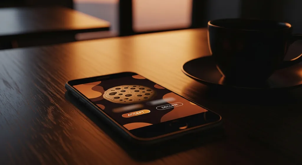 Smartphone with abstract cookie banner concept on a London cafe table