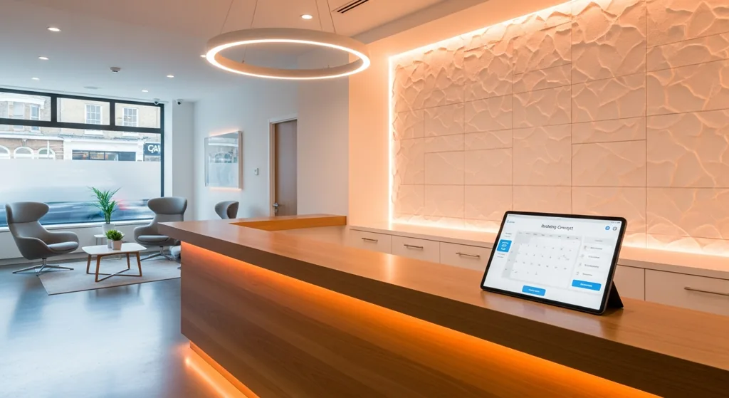 Modern London dental clinic reception with booking screen