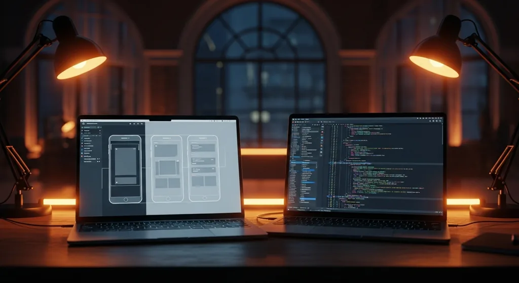 Two laptops showing wireframes and code editor side by side