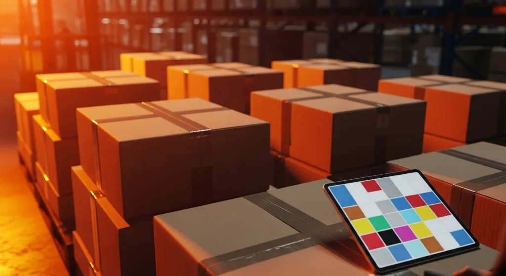 Bristol ecommerce warehouse with packages and tablet showing product grid concept