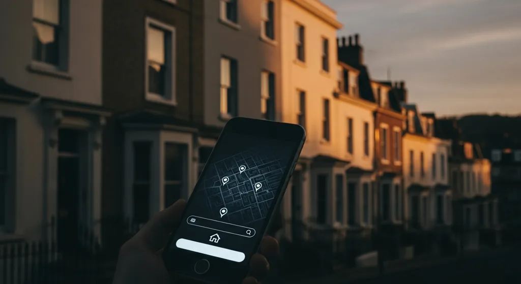 Bristol Georgian terraces at golden hour with smartphone showing property concept
