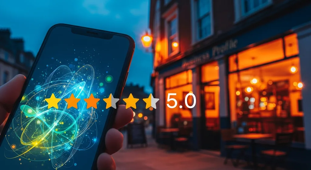 Smartphone showing Google Business Profile concept outside a Bristol cafe