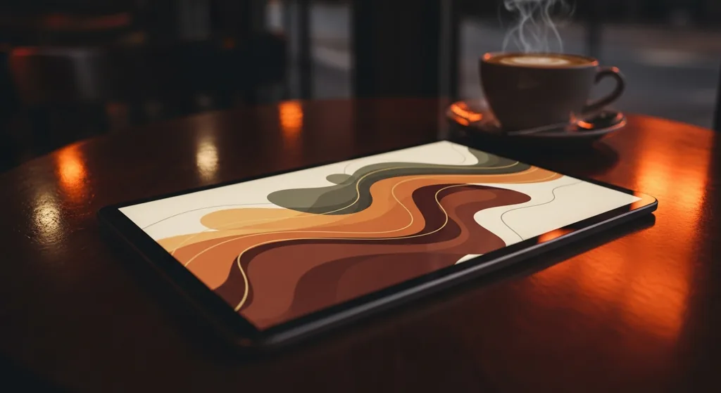 Tablet showing abstract banner ad shapes on a London cafe table