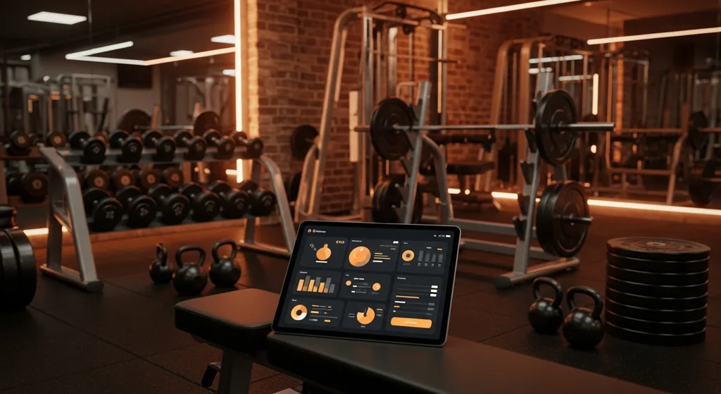 Bristol gym interior with weights and a tablet showing booking dashboard