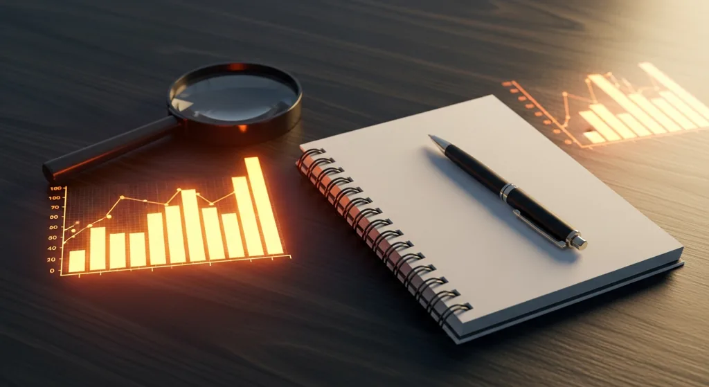 Notebook and bar charts showing keyword research notes