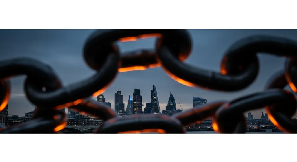 Abstract chain links connecting nodes with Bristol skyline in background