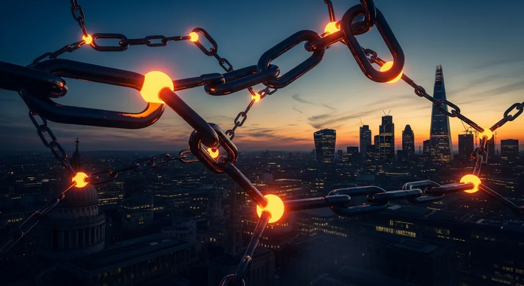 Abstract chain links connecting glowing nodes over London skyline at dusk