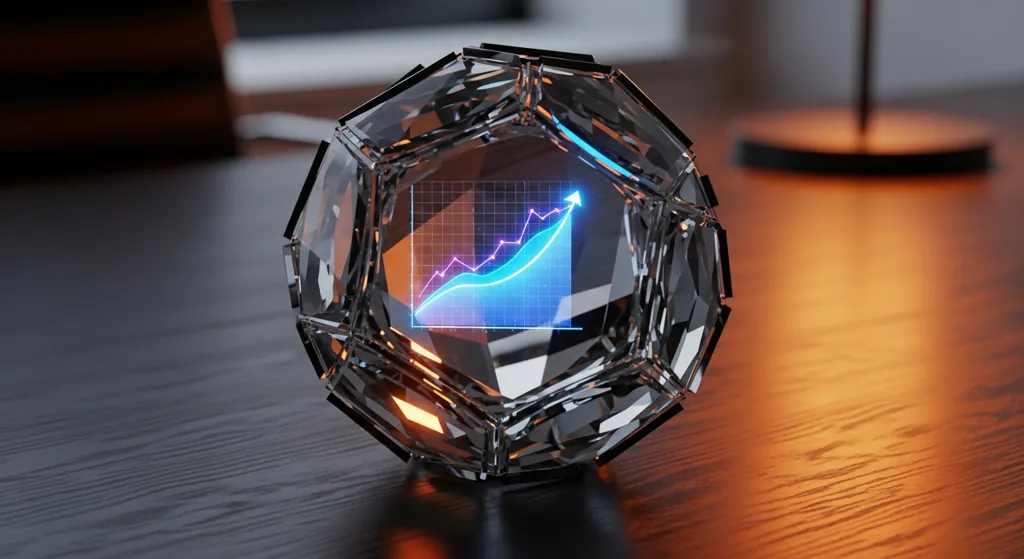 Futuristic crystal ball on a UK desk with rising trend chart hologram