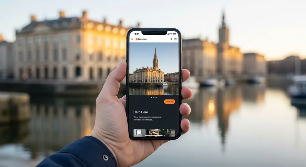 Mobile-first website on a smartphone with Bristol harbourside background