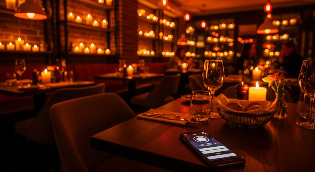 London restaurant interior with smartphone showing booking concept