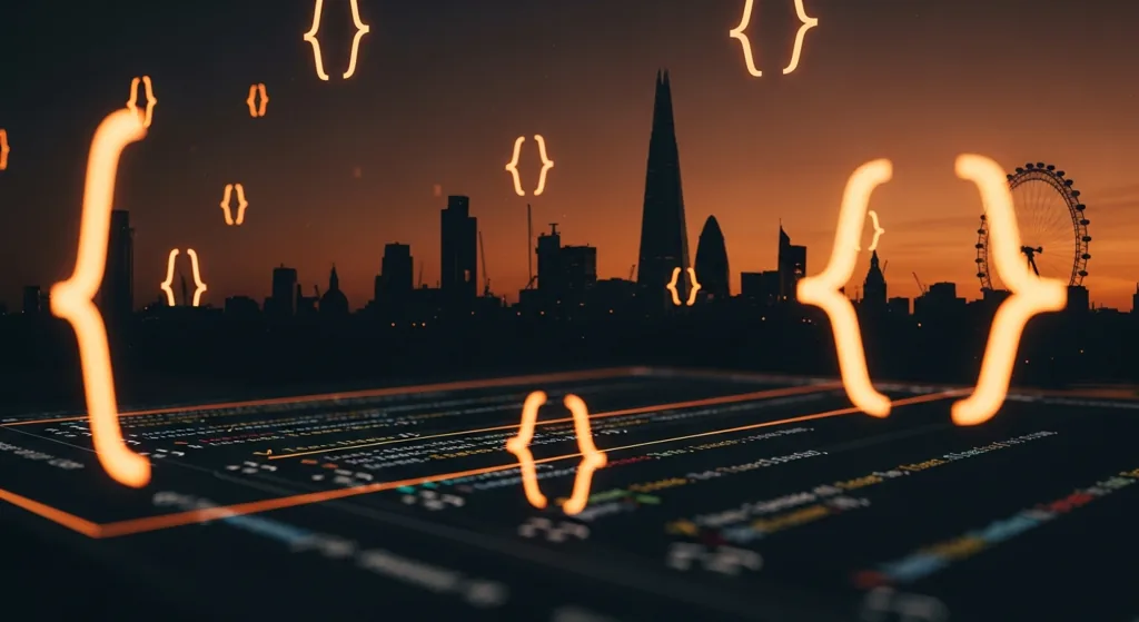 Code editor with structured data brackets over a London skyline