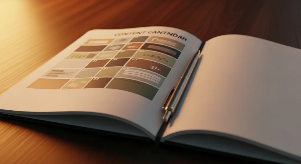Notebook with content calendar planning notes