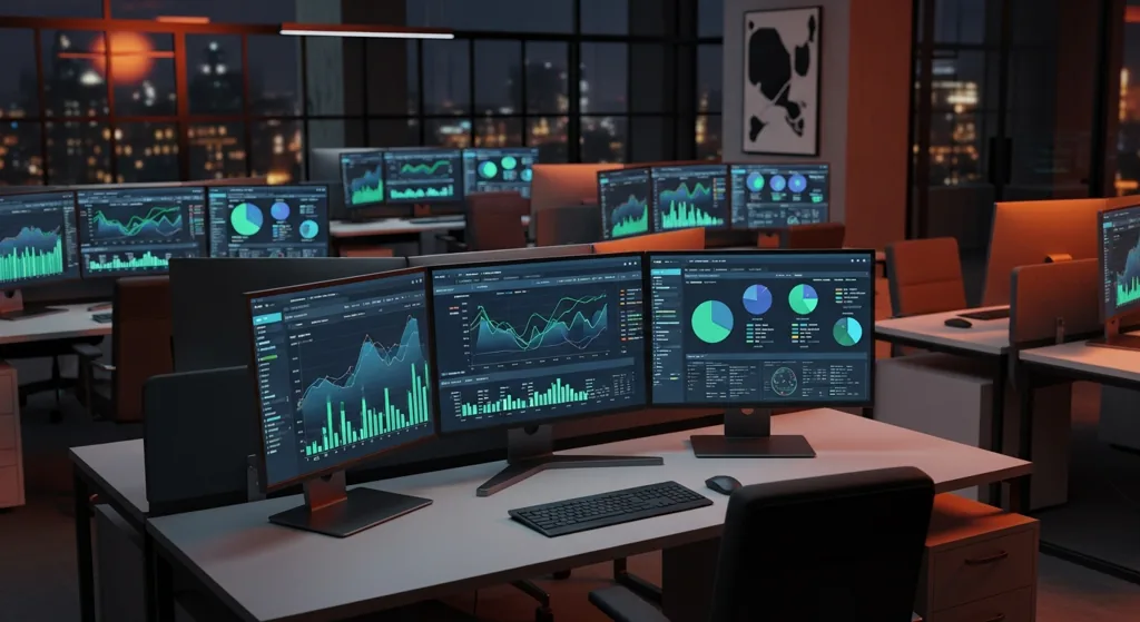 Modern London tech office with monitors showing abstract SaaS dashboard charts