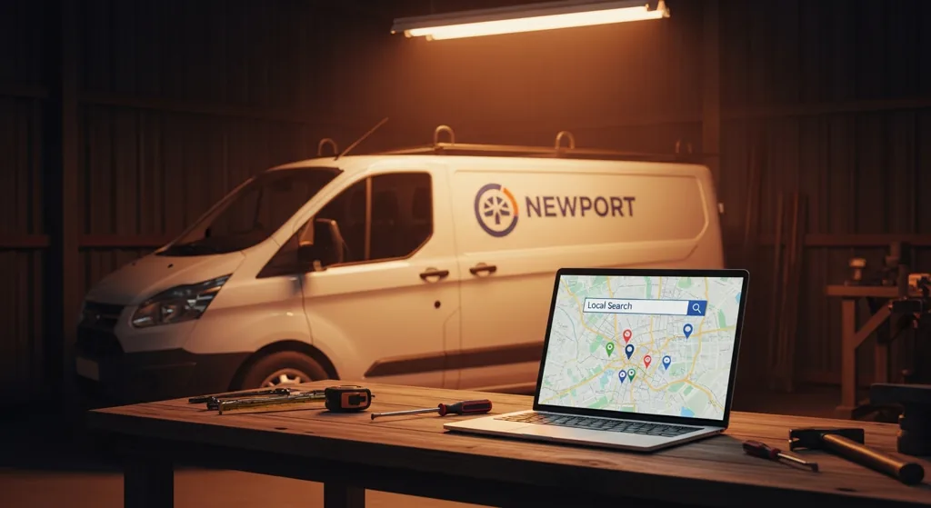 Newport tradesman checking local SEO results on a laptop