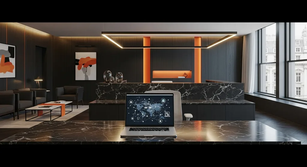 Sleek modern London law office reception with marble desk