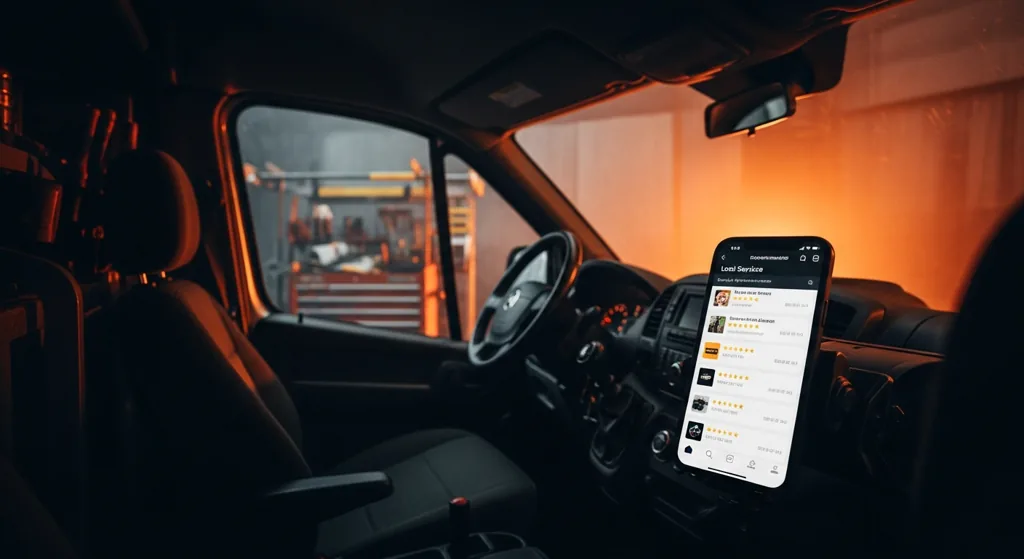 Bristol tradesman checking a website on a phone in a van