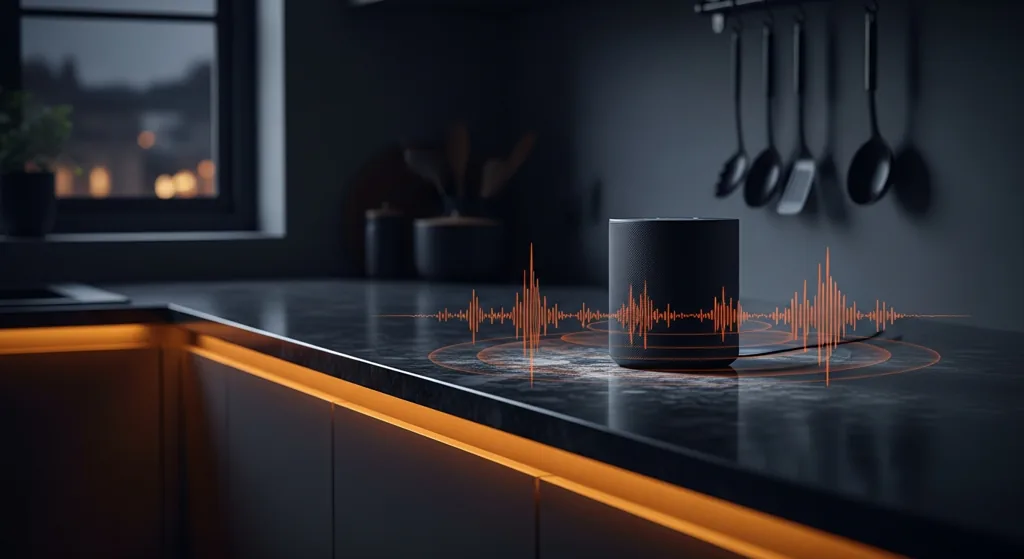 Smart speaker on a Bristol kitchen counter with sound wave overlay