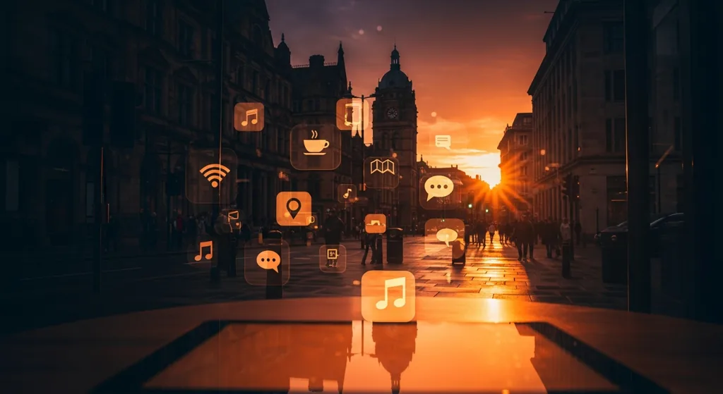 Birmingham city centre at golden hour with floating service icons and tablet