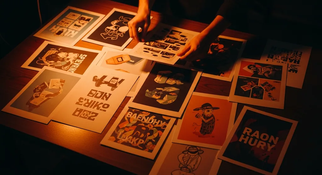 UK designer arranging printed portfolio sheets on a dark wooden table