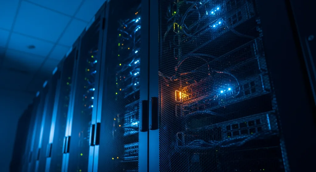 Server racks with single warm orange status light