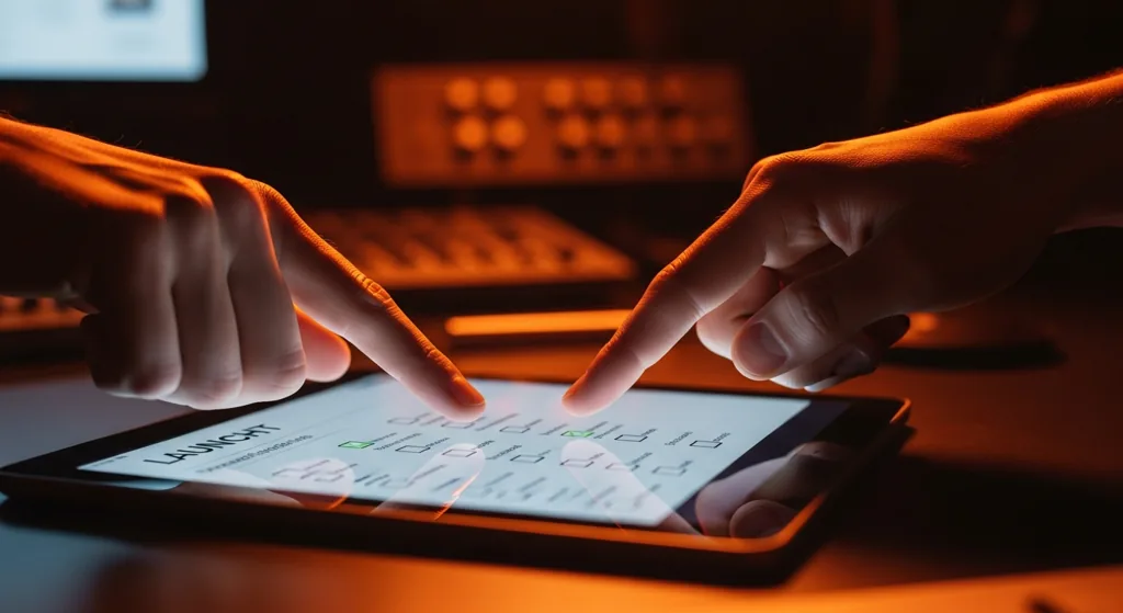 Designer ticking off launch checklist items on a tablet