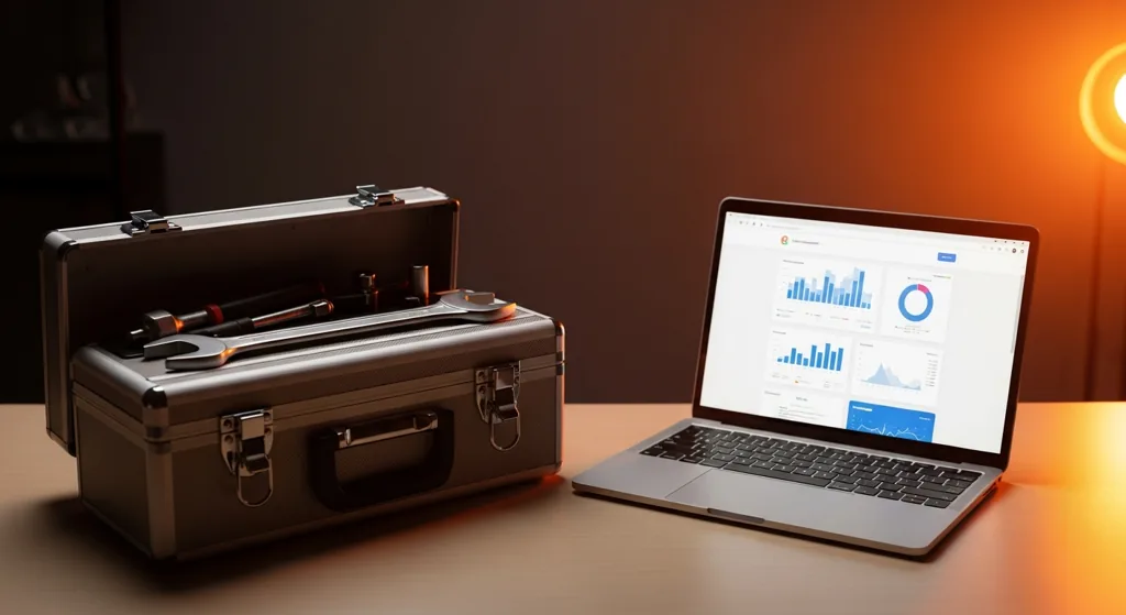 Toolbox and laptop showing a website management dashboard