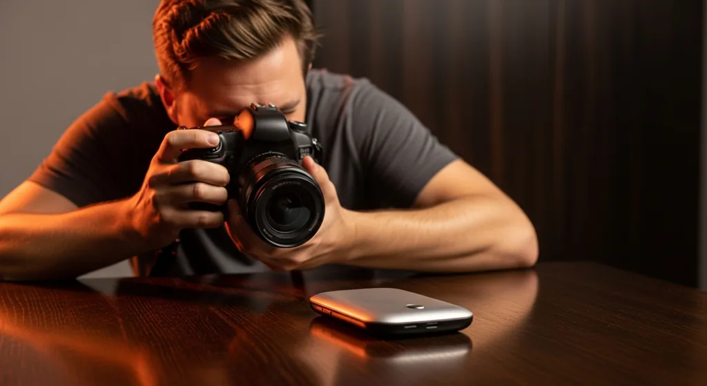Bristol photographer shooting product photography on a dark wooden table