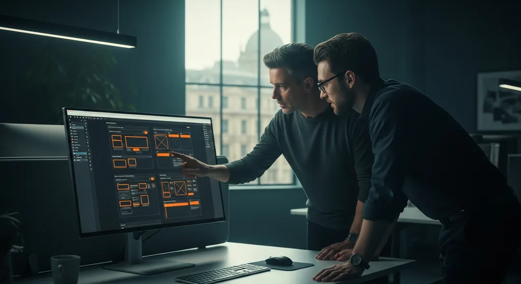 Web designers reviewing a Bristol website redesign on a large monitor