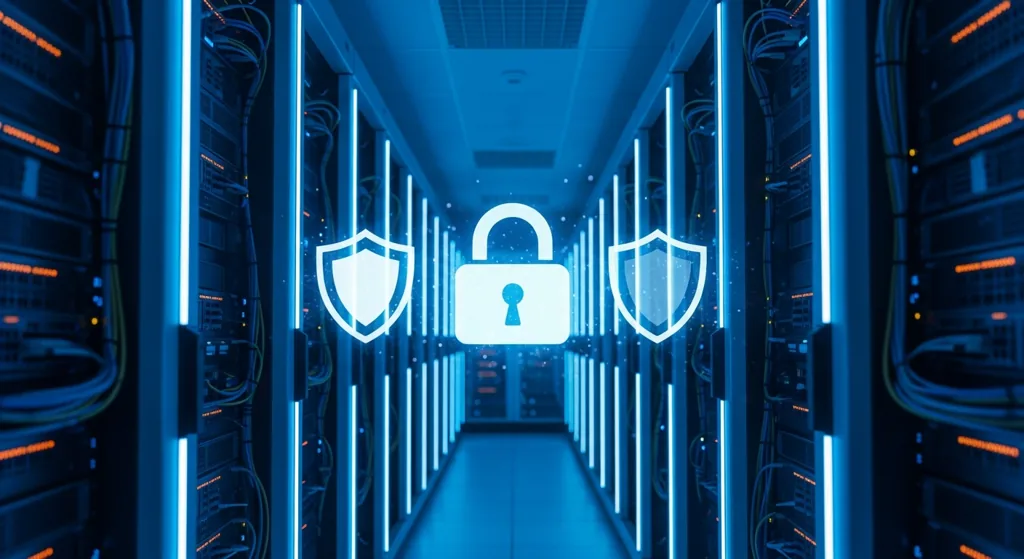 Padlock and shield symbols floating over a London server room