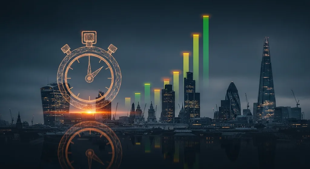 Stopwatch over a website performance dashboard with London skyline