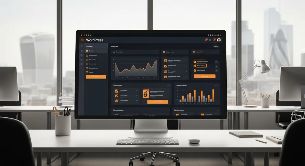 London designer reviewing a WordPress redesign on a large monitor