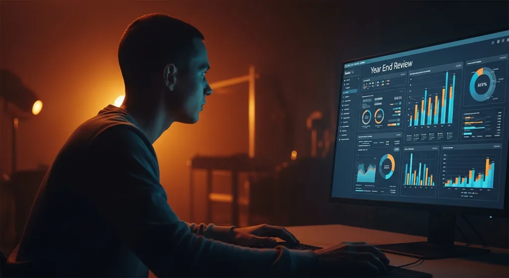 Bristol marketer reviewing year-end charts on a monitor