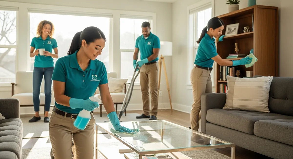 Professional house cleaning team working in a bright London home, Evering Cleaning Services