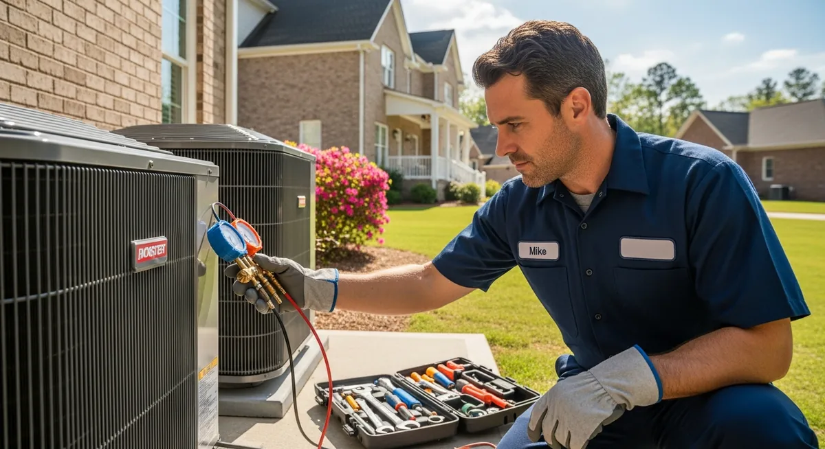 HVAC technician servicing an air conditioning unit in Greater London England