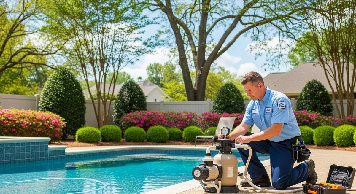 Pool service technician maintaining a residential swimming pool in the London metro area