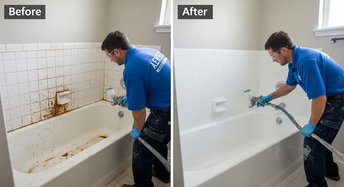 Professional bathtub refinishing and tile reglazing, Southern States Refinishing contractor at work