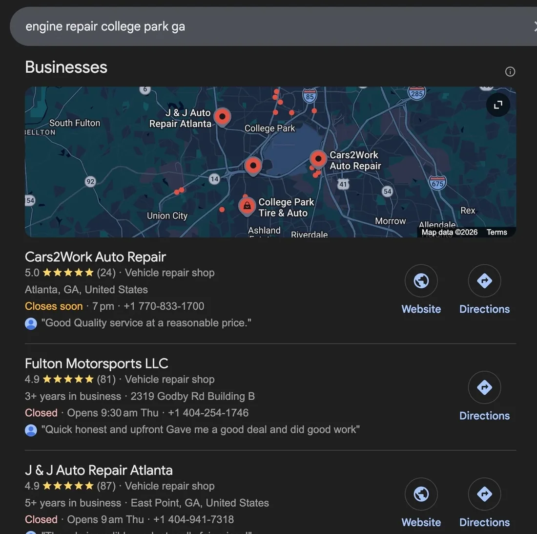 Google map pack ranking #1 for engine repair in College Park, GA