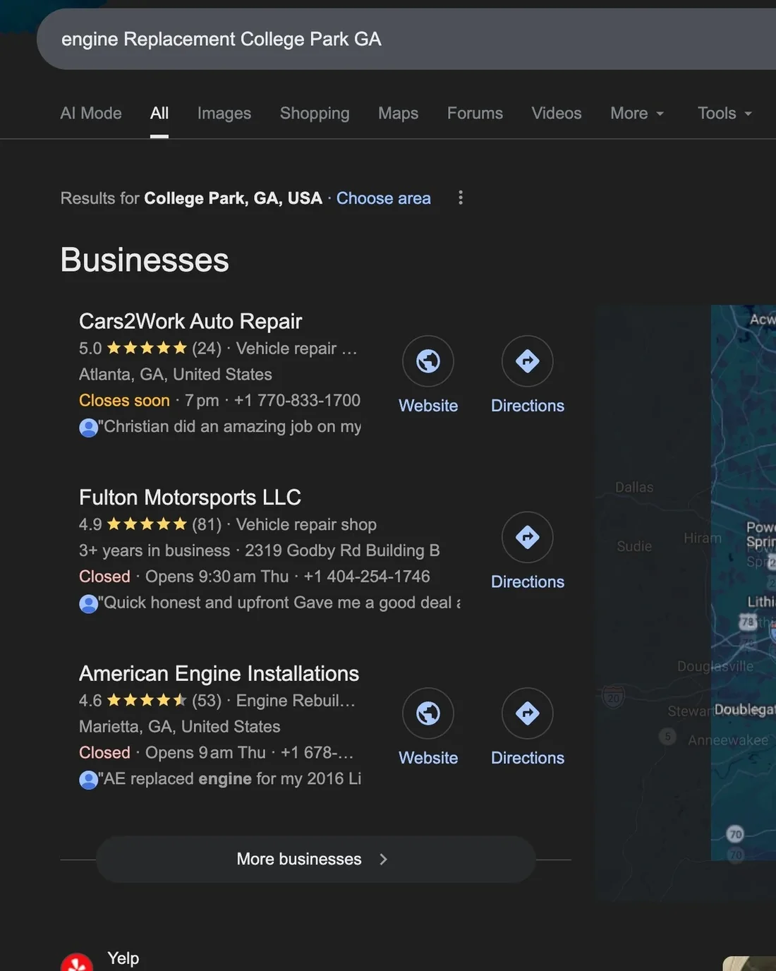 Google search results ranking #1 for engine replacement in College Park, GA