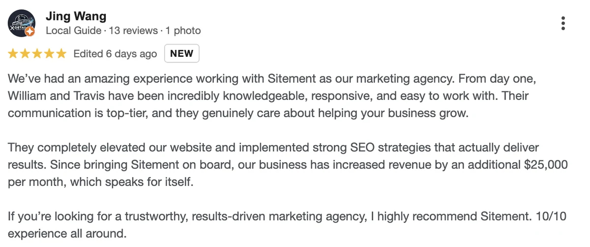 5-star Google review from Jing Wang for Sitement